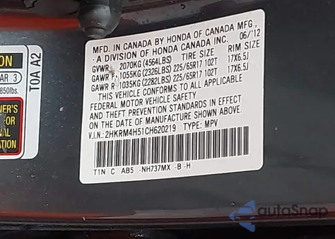 2012 Honda Cr-V Ex z USA, uszkodzony, nr VIN 2HKRM4H51CH620219